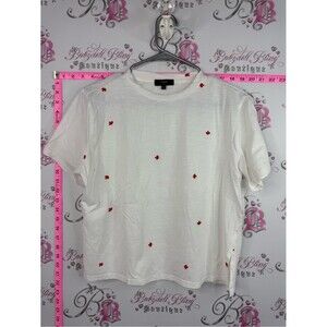 Studio M Canada leaf maple White Tee with Tiny Red Embroidered Flowers